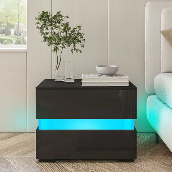 Hommpa RGB LED Nightstand 2 Drawers High Gloss Bedside Table for Bedroom Furniture Black