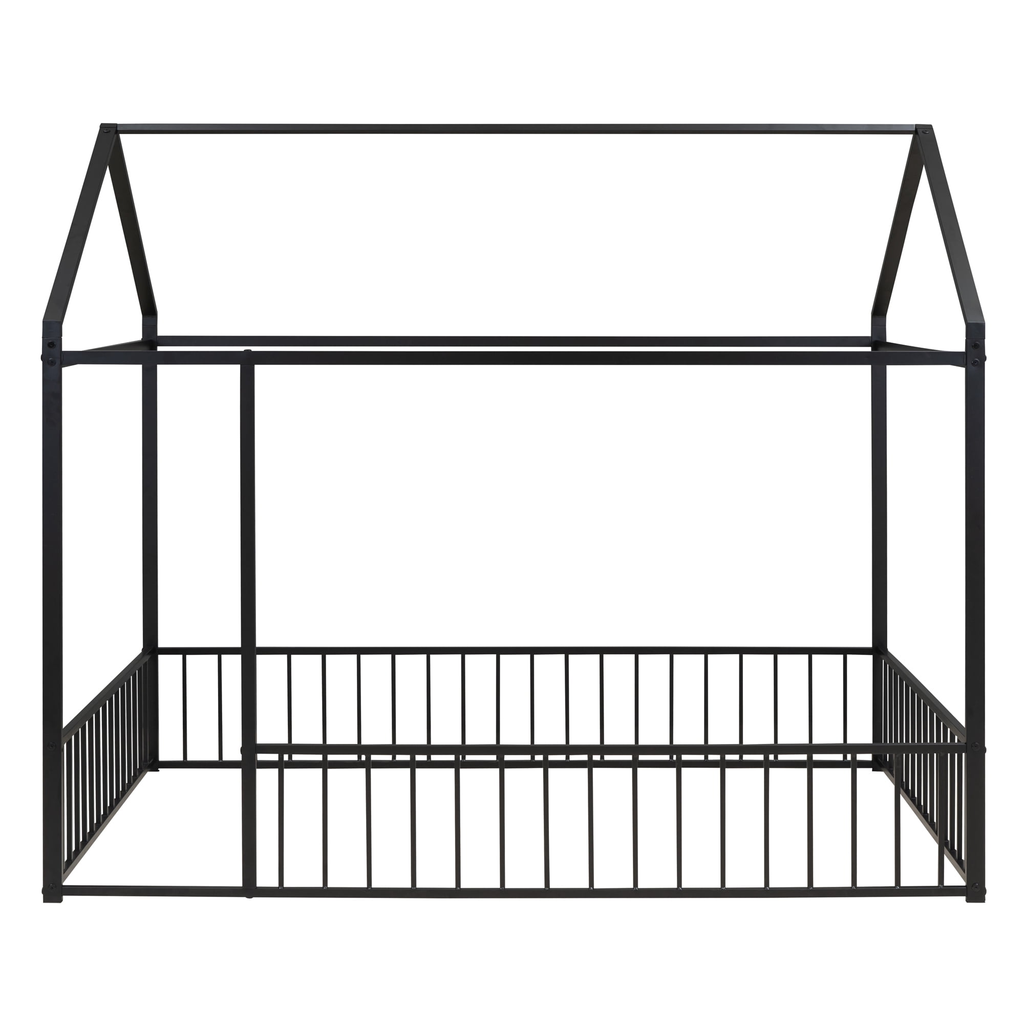 Full Size Montessori Floor Bed, Metal House Bed Frame for Kids, Kids Floor Beds with Fence Guardrails, Playhouse Bed for Kids Boys Girls