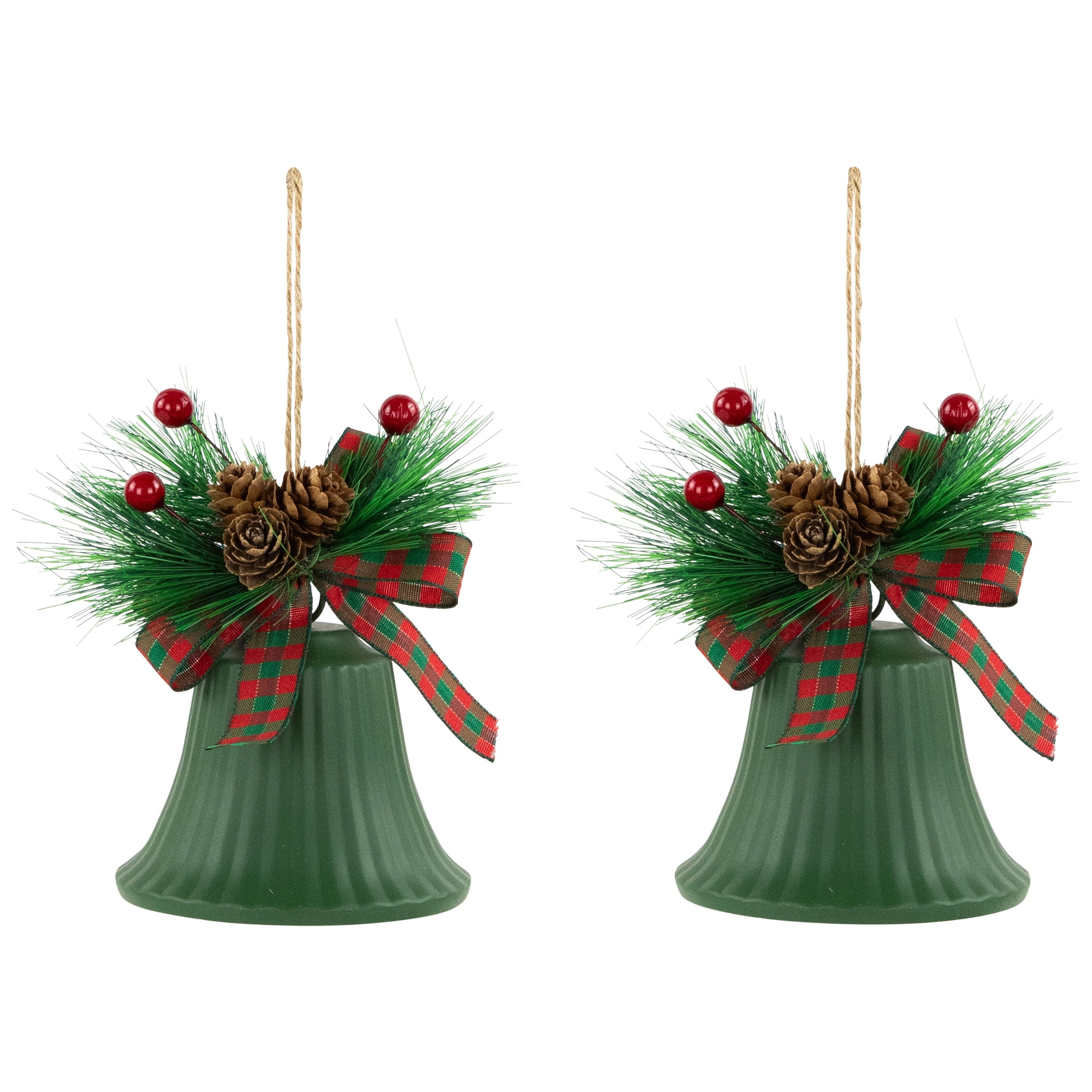 Northlight Christmas Bells with Pinecones and Plaid Bow Ornaments - 7" - Green - Set of 2