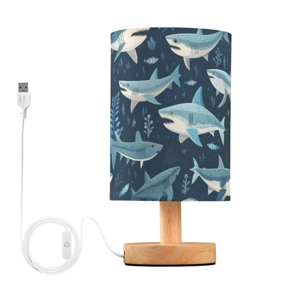 Sharks Leaves Table Lamp USB Bedside Desk Nightstand Lamp Printed Gifts Small Lamp Wood Base for Bedroom Living Room Kids Room College Dorm