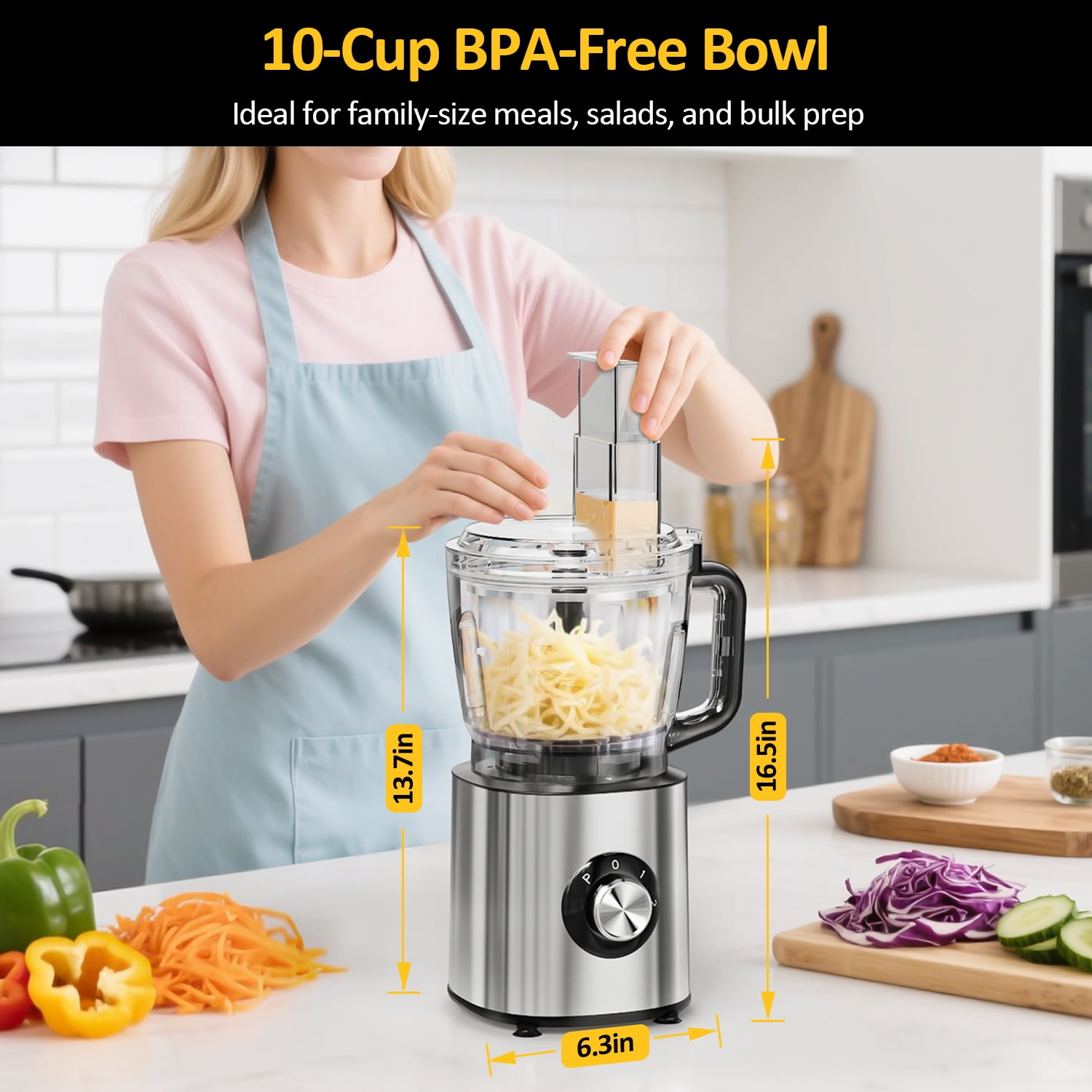 TINANA 6-in-1 Food Processor, 10 Cup 1000W Electric Vegetable Chopper, Multifunctional Slicer, Food Shredder, Dough Mixer, BPA-Free, Dishwasher Safe Kitchen Appliance for Family Cooking and Meal Prep