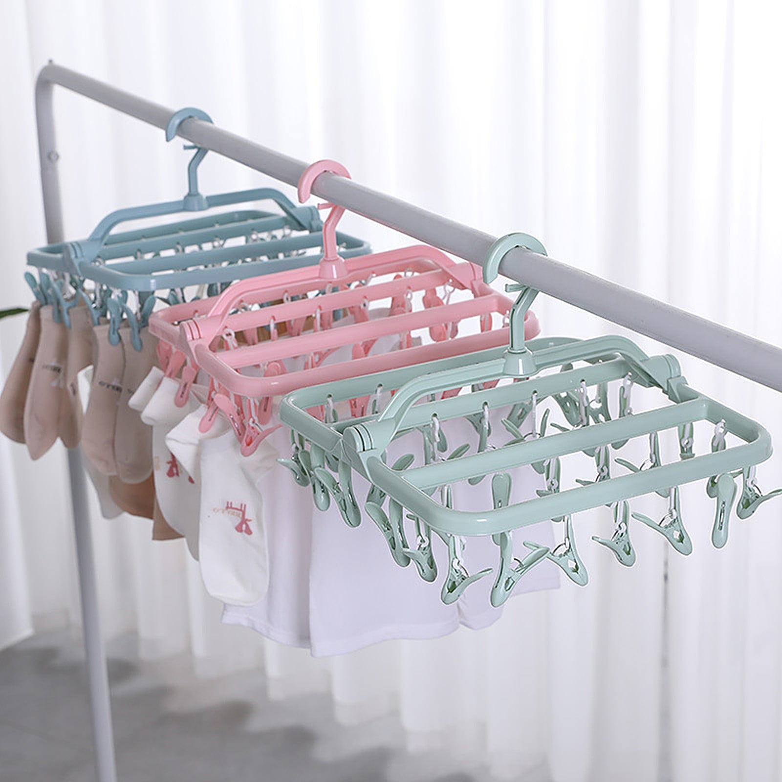XMMSWDLA Foldable Laundry Hanger Drying Rack with 24 Clips, Plastic Laundry Clips and Drip Drying Hanger for Socks, Underwears, Towel, Scarf, Side Hanging, Anti-Wind