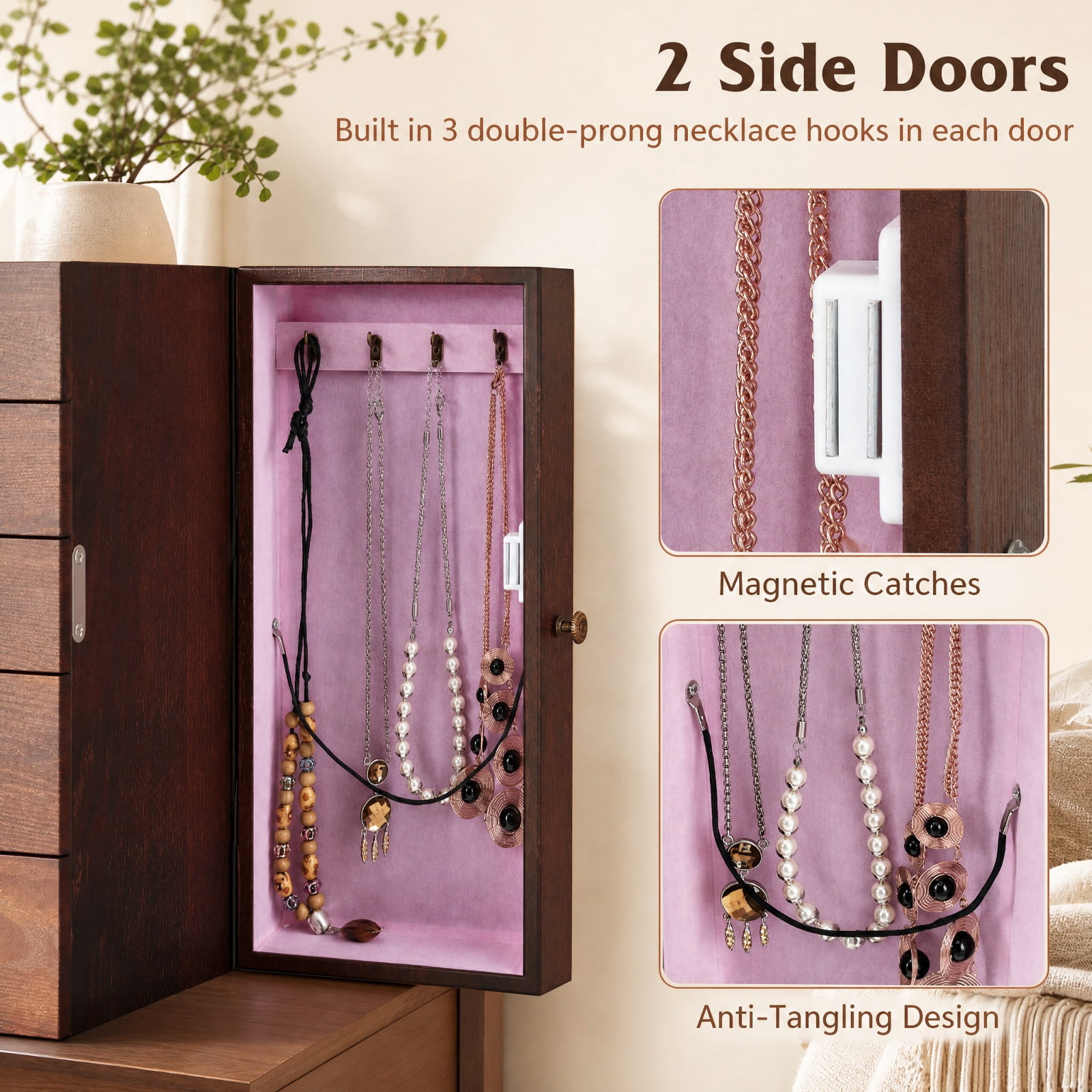 Furnibear 2 Colors Armoire Storage Standing Jewelry Cabinet with Mirror for Bedroom Dressing Room Jewelry Necklace Rings Storage Mirror, Brown