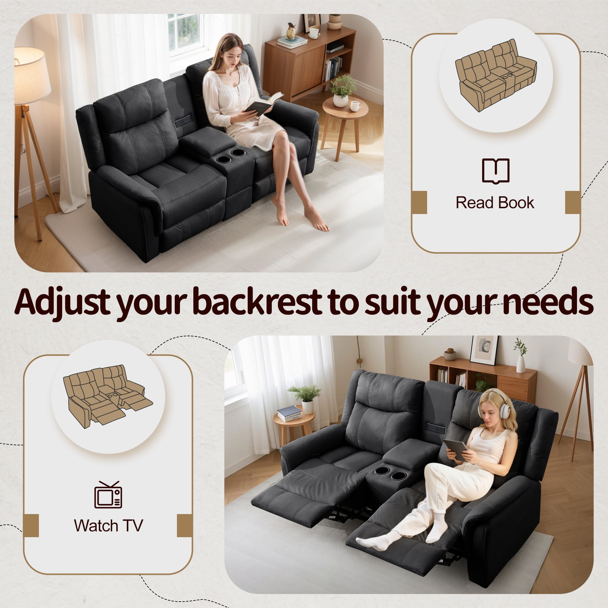 Korser 2-Seater Loveseat Recliner, Reclining Sofa with USB Ports, Cup Holders for Home Theater,Black