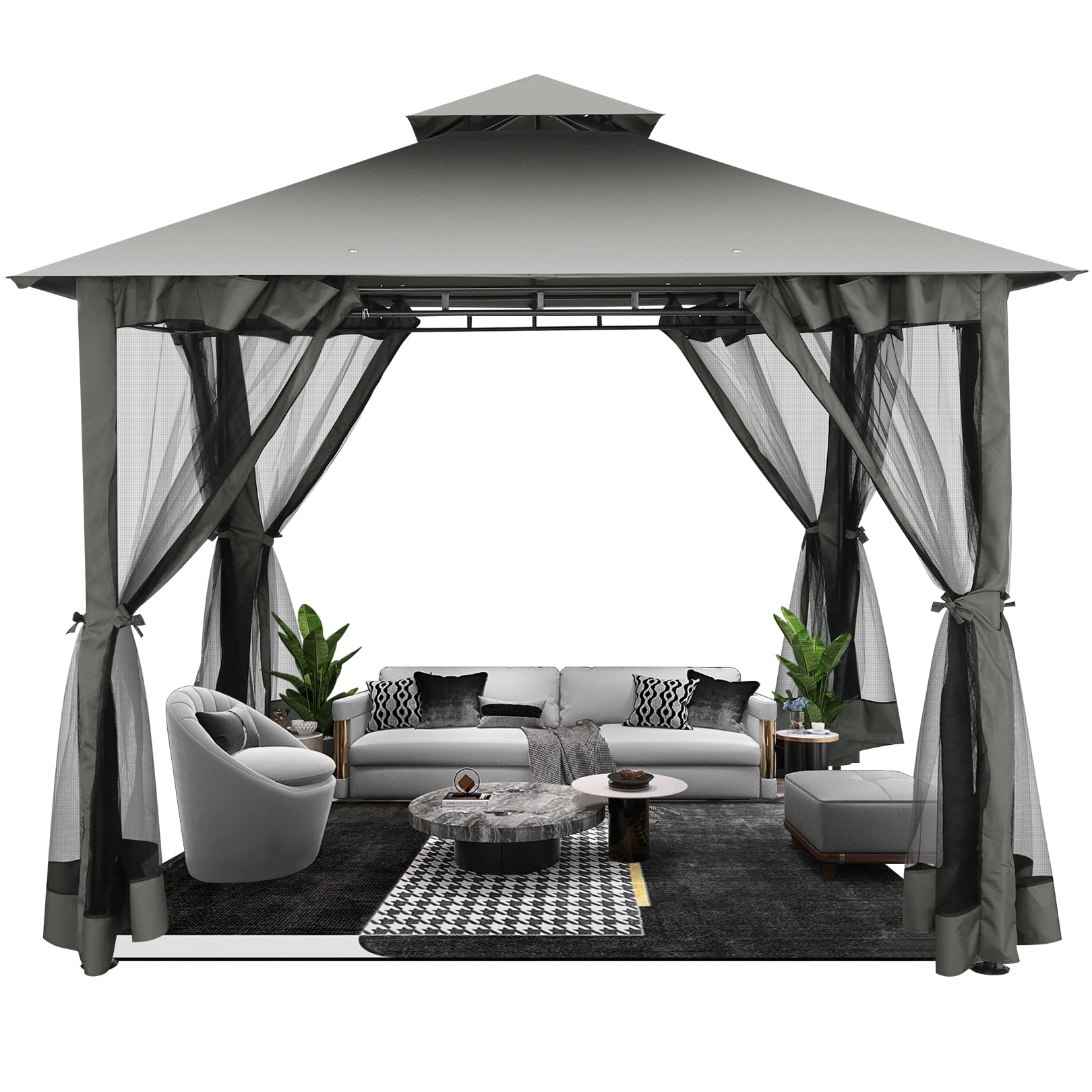 HOTEEL 10x10 Gazebos for Patios, Canopy Tent Outdoor Gazebo Backyard Gazebo Patio with Mosquito Netting and Double Roof for Party, Wedding, BBQ and EventQ, Gray