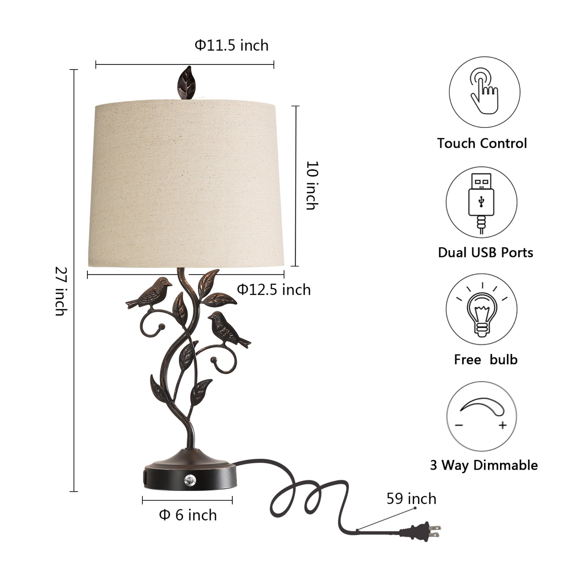 JUJUYUYOP 27"Rustic-Style Black Table Lamps Set of 2, with Dual USB Charging Ports and Linen Shades, Perfect for Bedside Tables, Living Rooms, and Home Offices