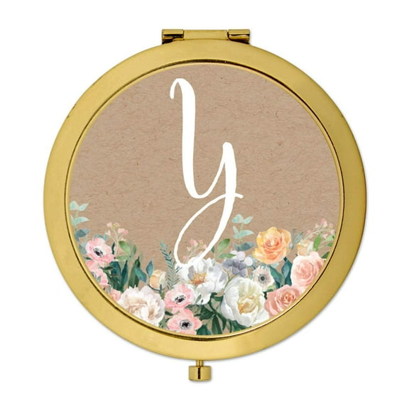 Koyal Wholesale Gold Compact Mirror Bridesmaid's Wedding Gift, Peach Flower Florals | Kraft Brown, Monogram Letter Y