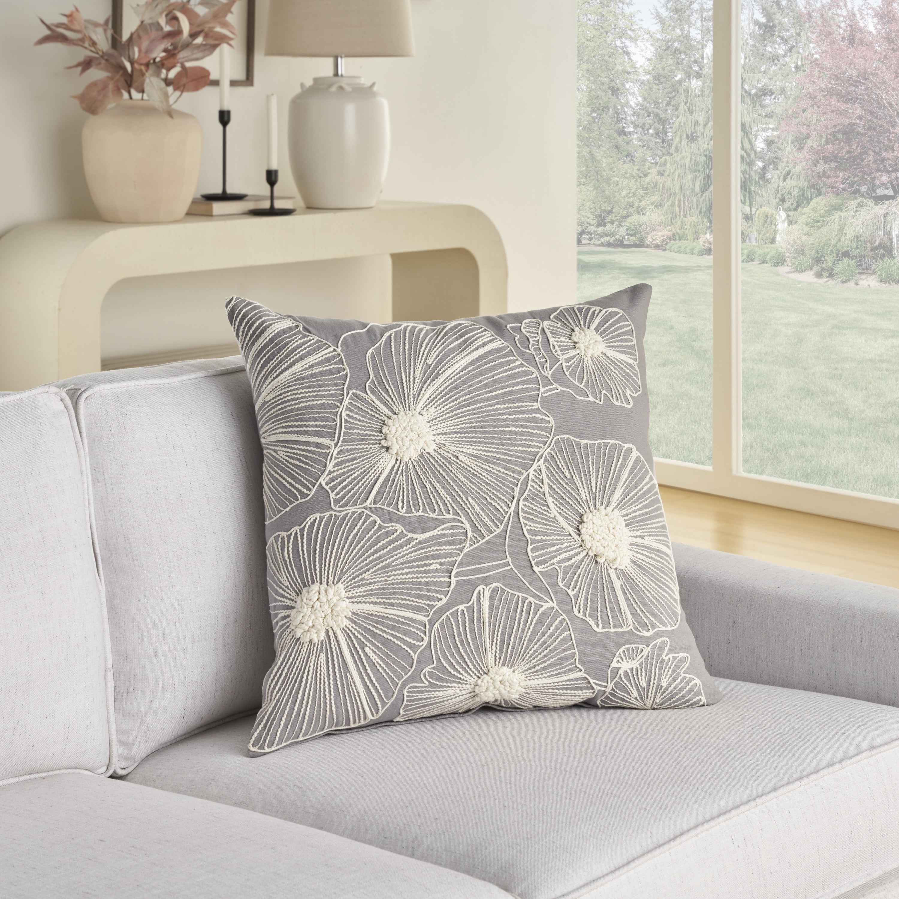 Nourison Life Styles Embroidered Flowers Grey 20" x 20" Throw Pillow Cover