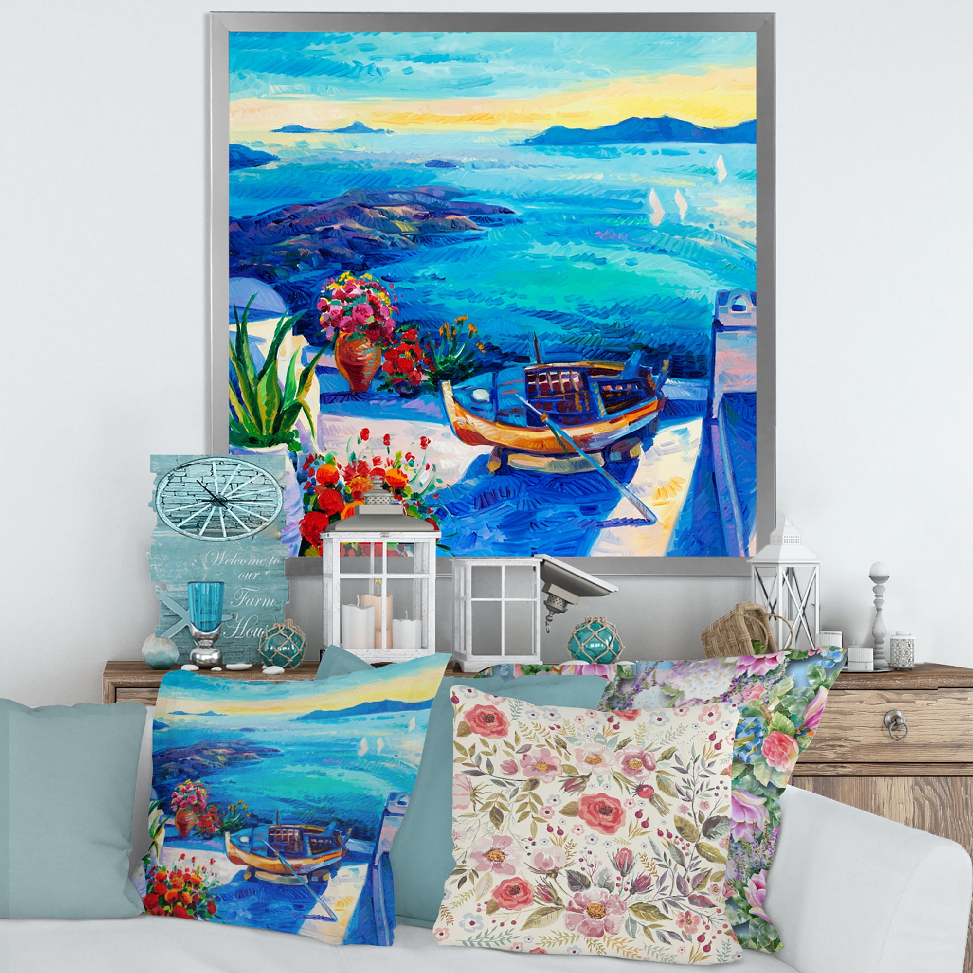 Designart 'Little Red Flowers With Sea View' Nautical & Coastal Framed Art Print