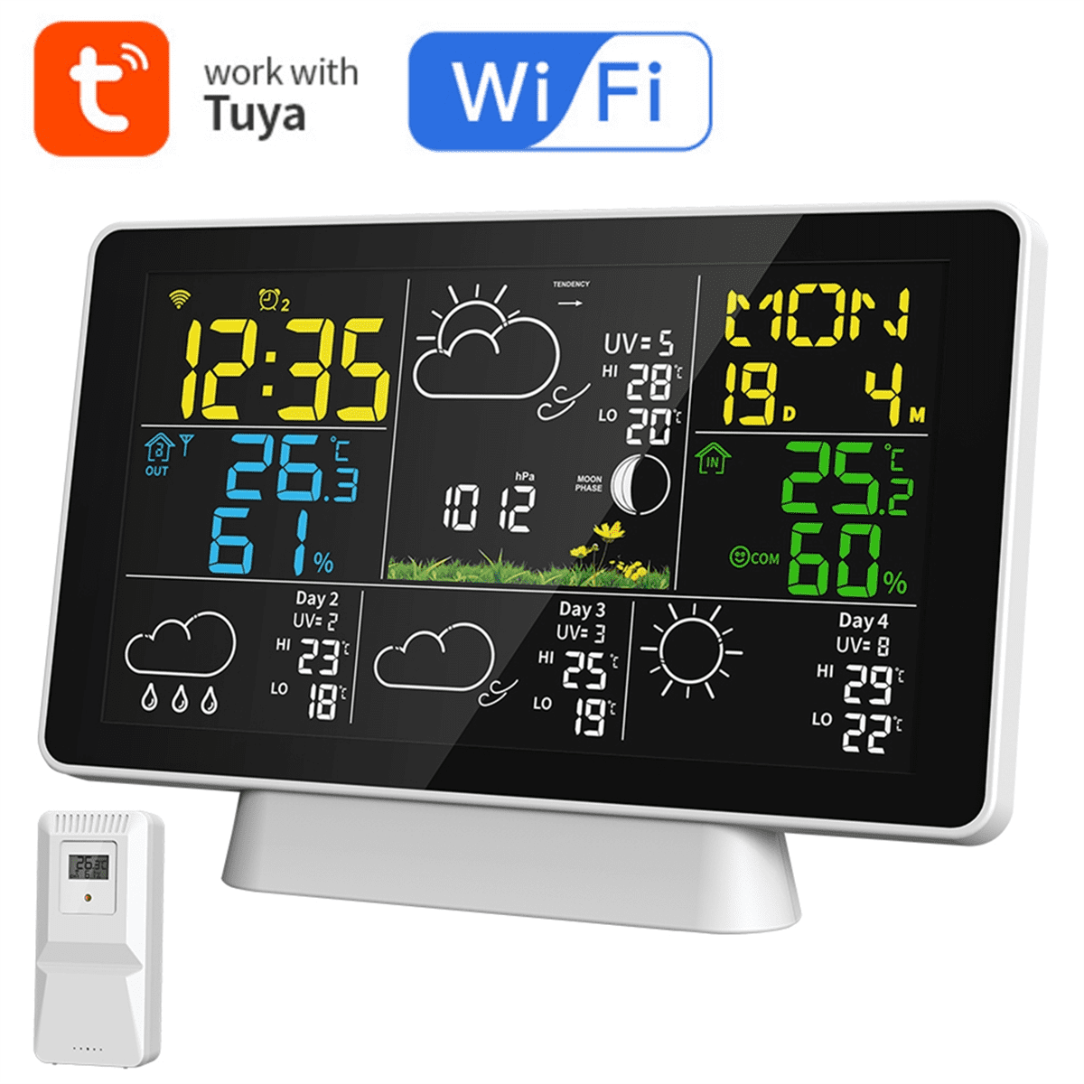 Tuya WIFI Weather Station 7.5Inch Display Thermometer Hygrometer Indoor Outdoor Rain/Wind Gauge Weather Forecast US Plug