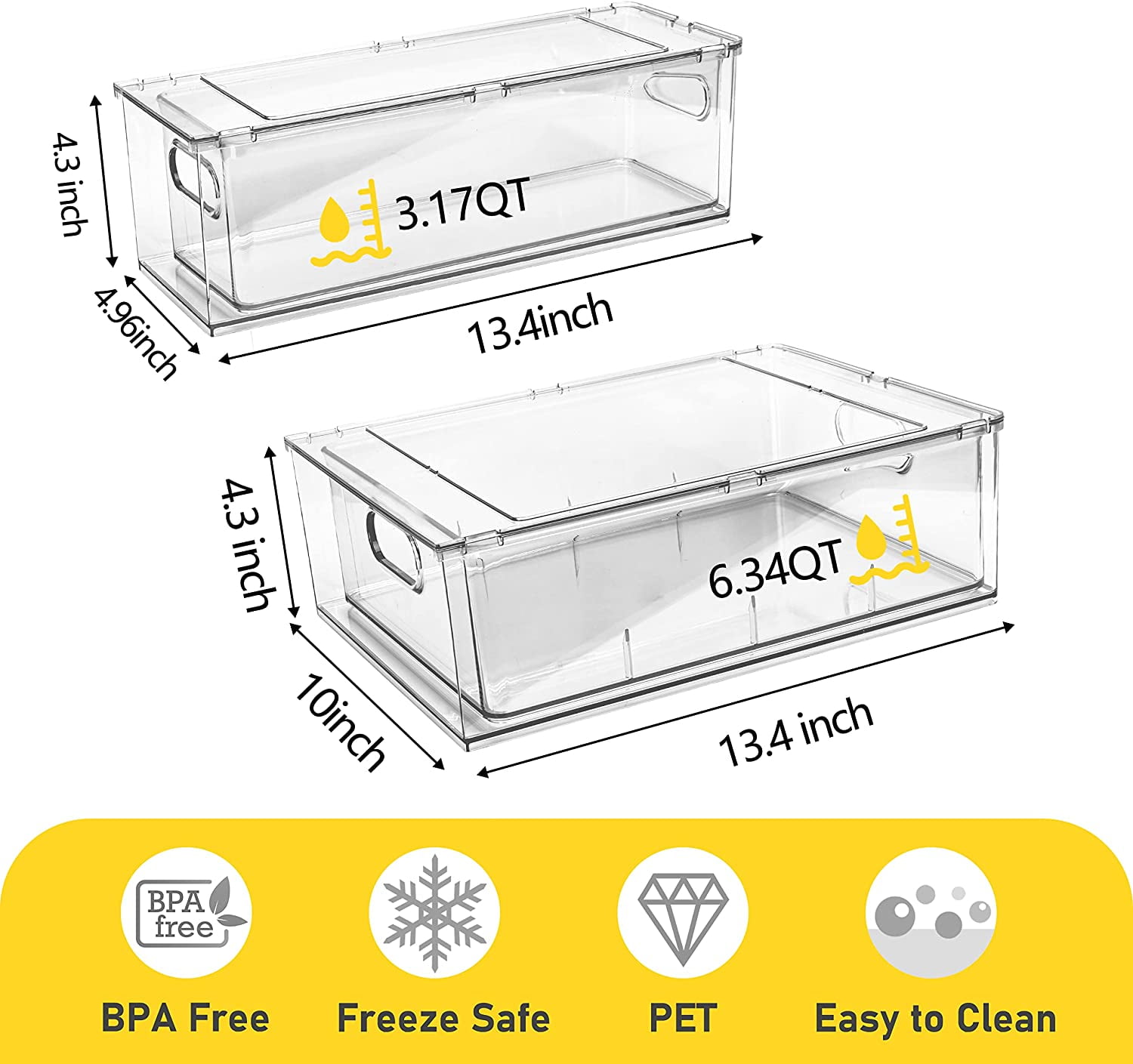 Felizhouse 4 Pack Refrigerator Organizer Bins with Pull-out Drawer Stackable Clear Fridge Drawer Organizer Fruit Vegetable Storage Containers for Kitchen Pantry Organization (2 Large+2 Small)
