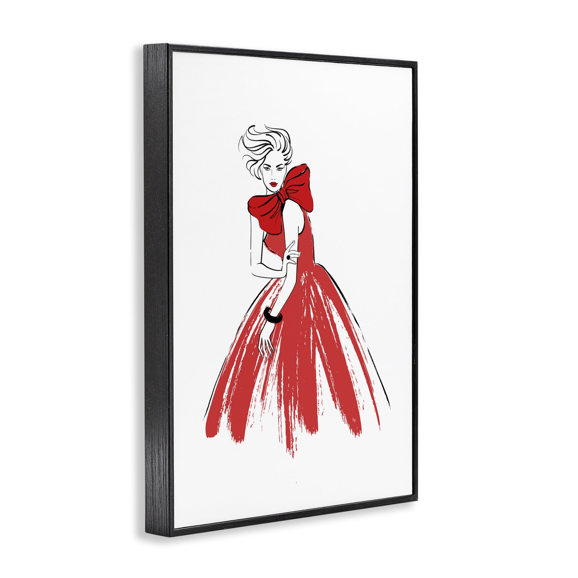 Stupell Industries Lady & Red Bow Dress Novelty Painting Black Framed Art Print Wall Art, 16 x 24
