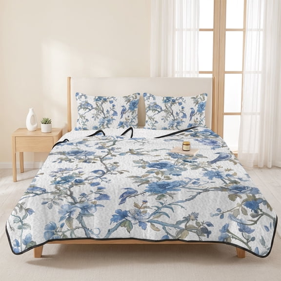 Queen Quilt Set, Chinese Style Flowers And Birds Figure Lightweight Quilt Sets Summer Comforter Coverlets with 2 Pillow Shams, Blue Floral Art Breathable 3 Piece Bedding Set for All Seasons