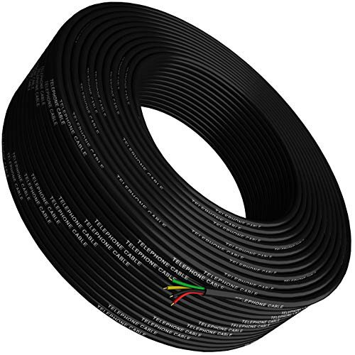 Phone Cable 300ft Rounded Black Roll (100m Long) 4x1/0.4 26 AWG Gauge Solid Wire -Round Telephone Cord Line Extension Bulk Rool Reel -compatible with RJ11 4P4C Crimp End Connector