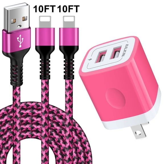 Compatible with iPhone Charger Cable Fast Charging AILKIN Charger Block with 2Pack 10ft Cords Dual Port USB Plug Power Wall Charger Blocks Adapter Compatible with iPhone 14/13/12/11(Pink)