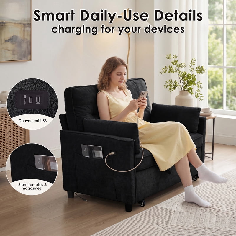 Anpport 54" 3‑in‑1 Convertible Sofa Bed, Towel Fabric, 3‑Position Adjustable Backrest with USB Charging Ports, for Living Room, Apartment, Black