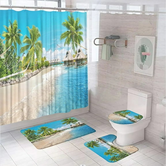 Blue Ocean Palm Tree Scenery Shower Curtain Sets StarConch Beach Bathroom Curtains With Bath Mat Pedestal Rug Toilet Covers
