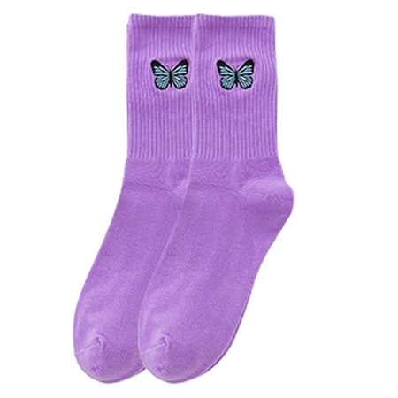 

✪ Women Ribbed Striped Long Crew Socks for Butterfly Embroidered Skateboard Stocki