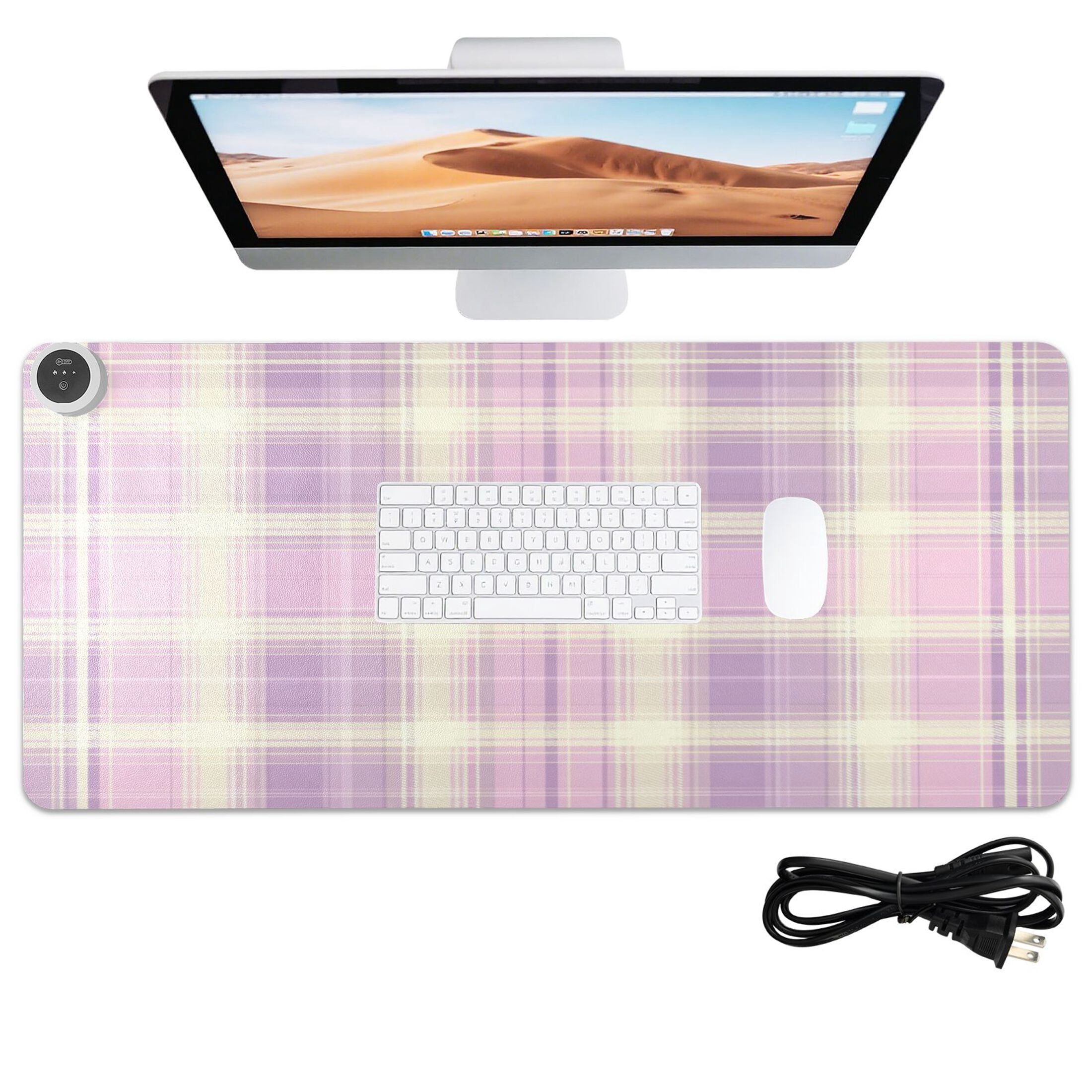 Large Heated Desk Mat Mouse Pad 31.5"x13"PU Leather Graphene Heating Desk Warmer with 3 Temperature Settings 110V US Plug Non-Slip Warm Pad for Home, Office, and Gaming Bright Pink Checkered Pattern