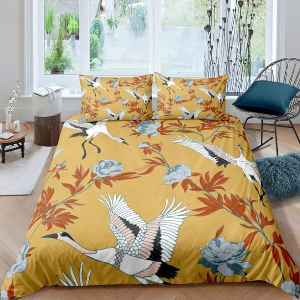 Juego de cama Crane Queen Size Japonés Ukiyo-E Funda Nórdica Vintage Floral