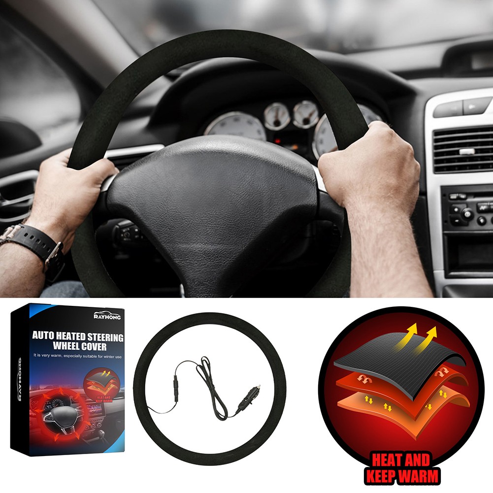 Yannee Car Heated Steering Wheel Cover with Lighter Plug Electric Warmer Winter 38cm