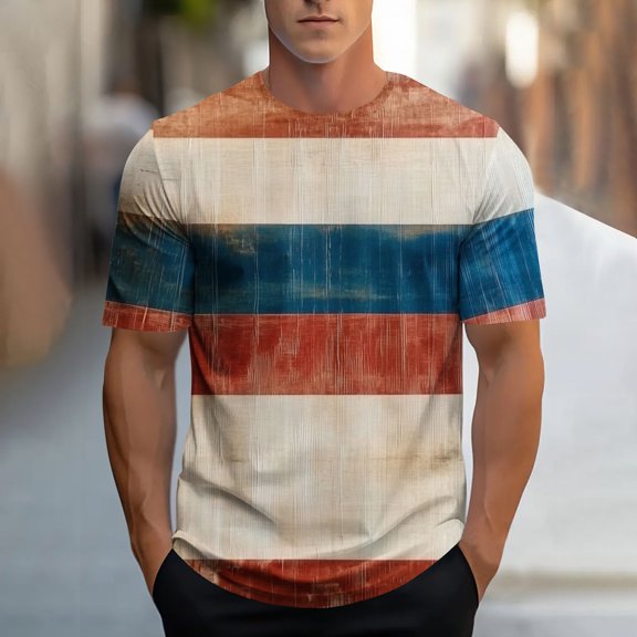 Men's Graphic T-Shirt, Casual Short Sleeve Round Neck Tee with Stripe Print for Daily Wear