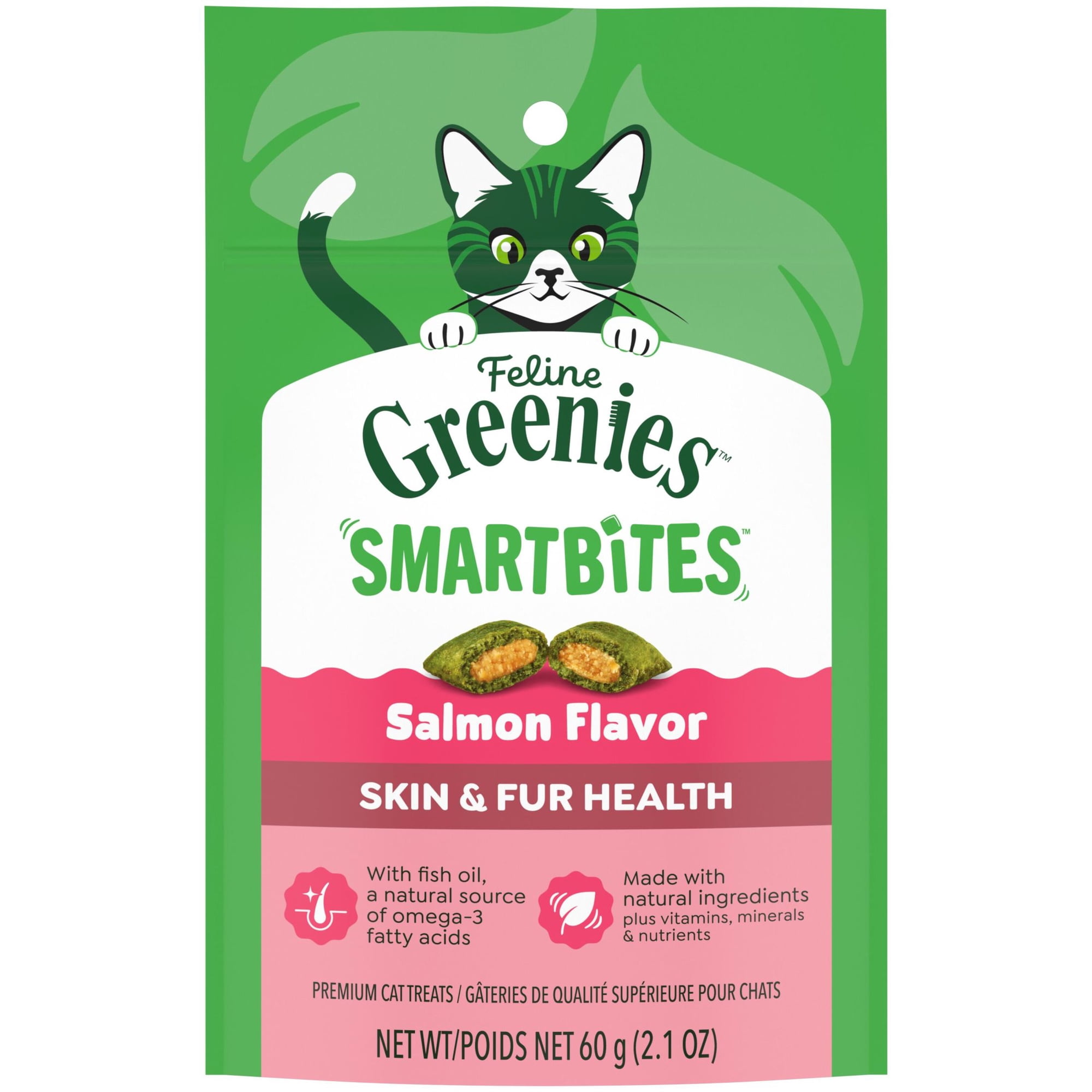 Greenies Feline Smartbites Salmon Flavor Skin & Fur Health Cat Treats, 2.1 oz Pack