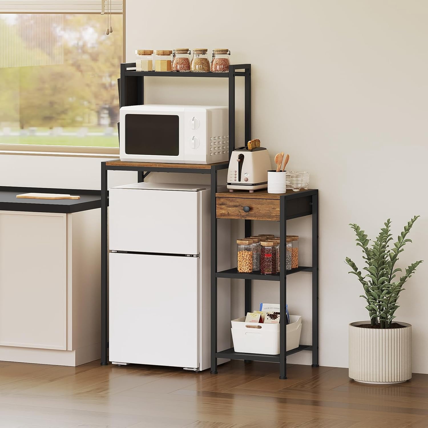 Mini Fridge Stand, Bakers Rack with Storage, 6-Tier Mini Fridge Cabinet, Coffee Bar Station with 1 Drawer, Microwave Stand for Kitchen, Dining Room, Rustic Brown and Black RSHR5401