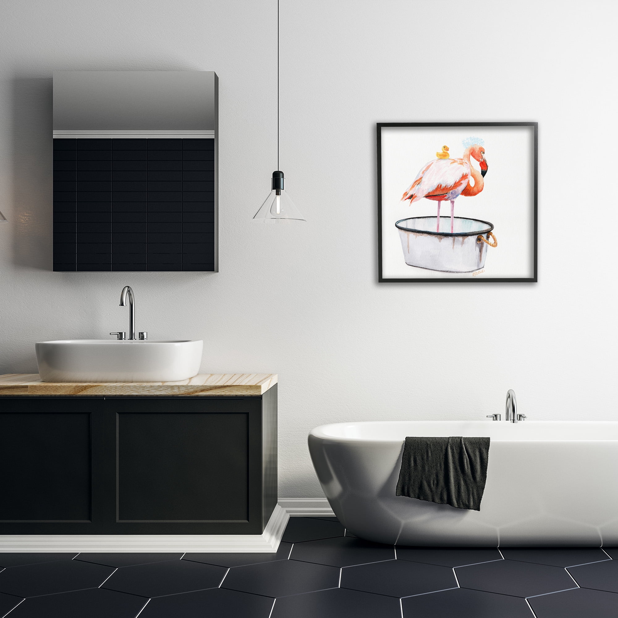 Stupell Industries Flamingo Bubble Bath Time Animals & Insects Painting Black Framed Art Print Wall Art, 24 x 24