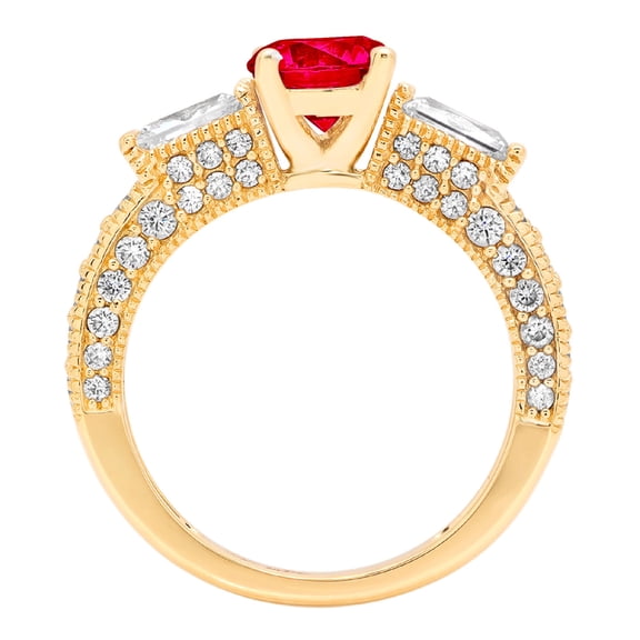 2.33 ct Round Cut Simulated Ruby Three-Stone Engagement Ring for Women in 18K Yellow Gold
