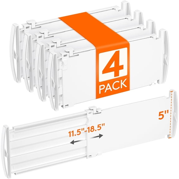 4 Pack 5" High Drawer Dividers for Clothes, 11.5"-18.5" Expandable Dresser Drawer Organizers, Adjustable White Plastic Separators for Kitchen, Cabinet, Nursery, Socks & Underwear Storage