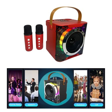 High Power Karaoke Bluetooth Speaker Music Rhythm Light Stereo Surround Wireless Subwoofer with Dual Microphone Red