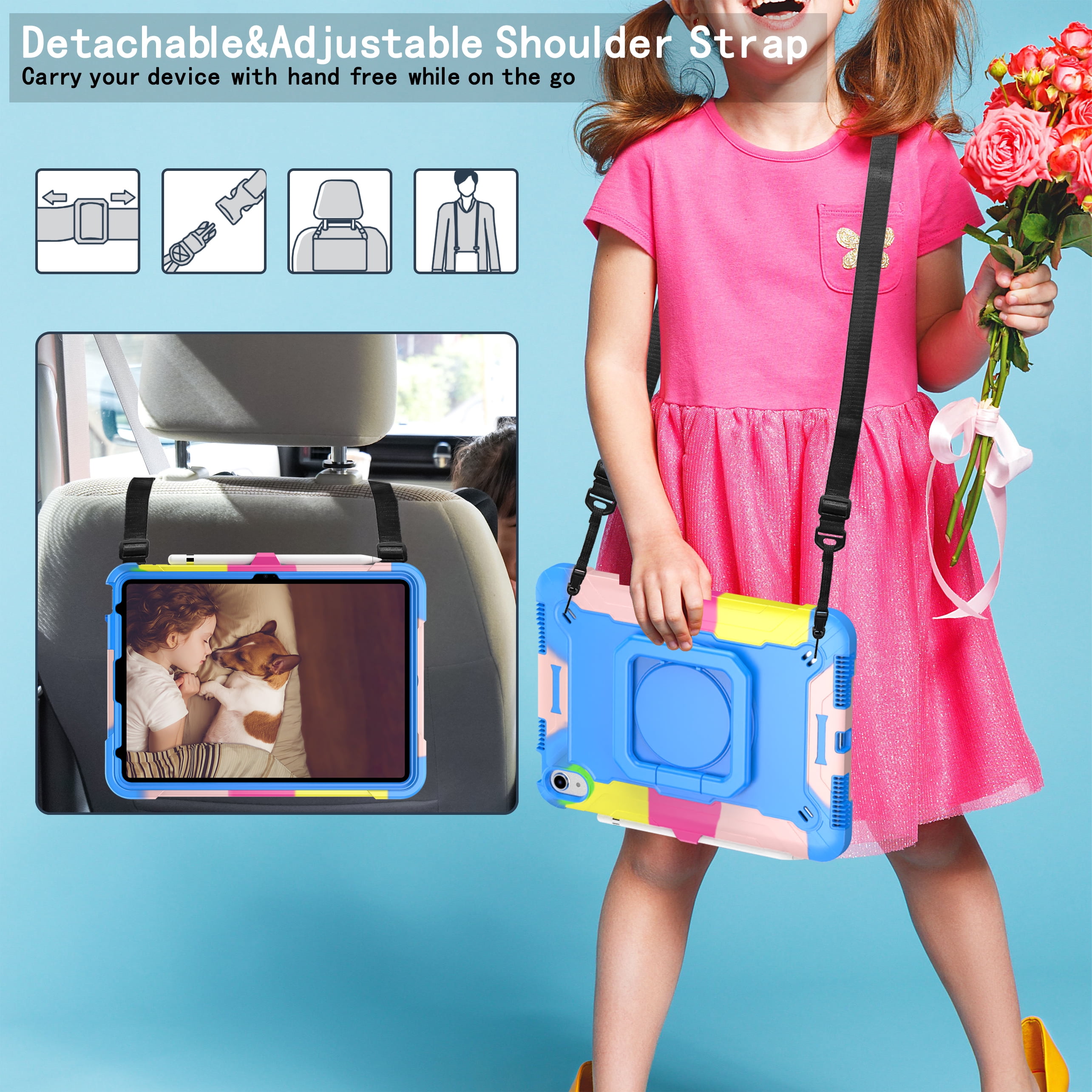 Dteck iPad 10th Generation Case, New iPad 2022 10.9 inch Rugged Case with Screen Protector, Rotating Stand/Pencil Holder/Carrying Shoulder Strap,Colorful Blue