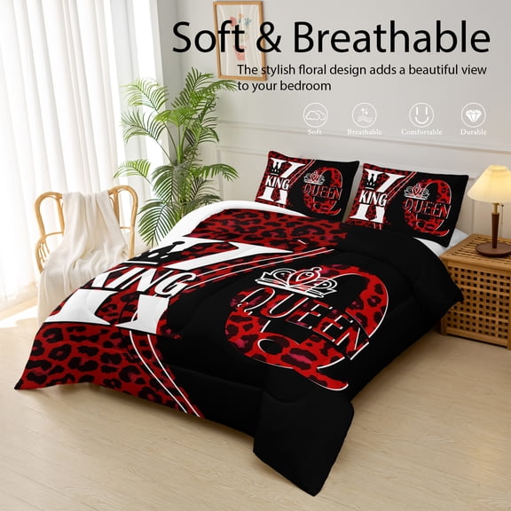 3Pcs Alphabet Print Comforter Set King Size,Red Black Bedding Set for Teens Boys Girls,Black Comforter with 2 Pillowcases,Soft and Lightweight