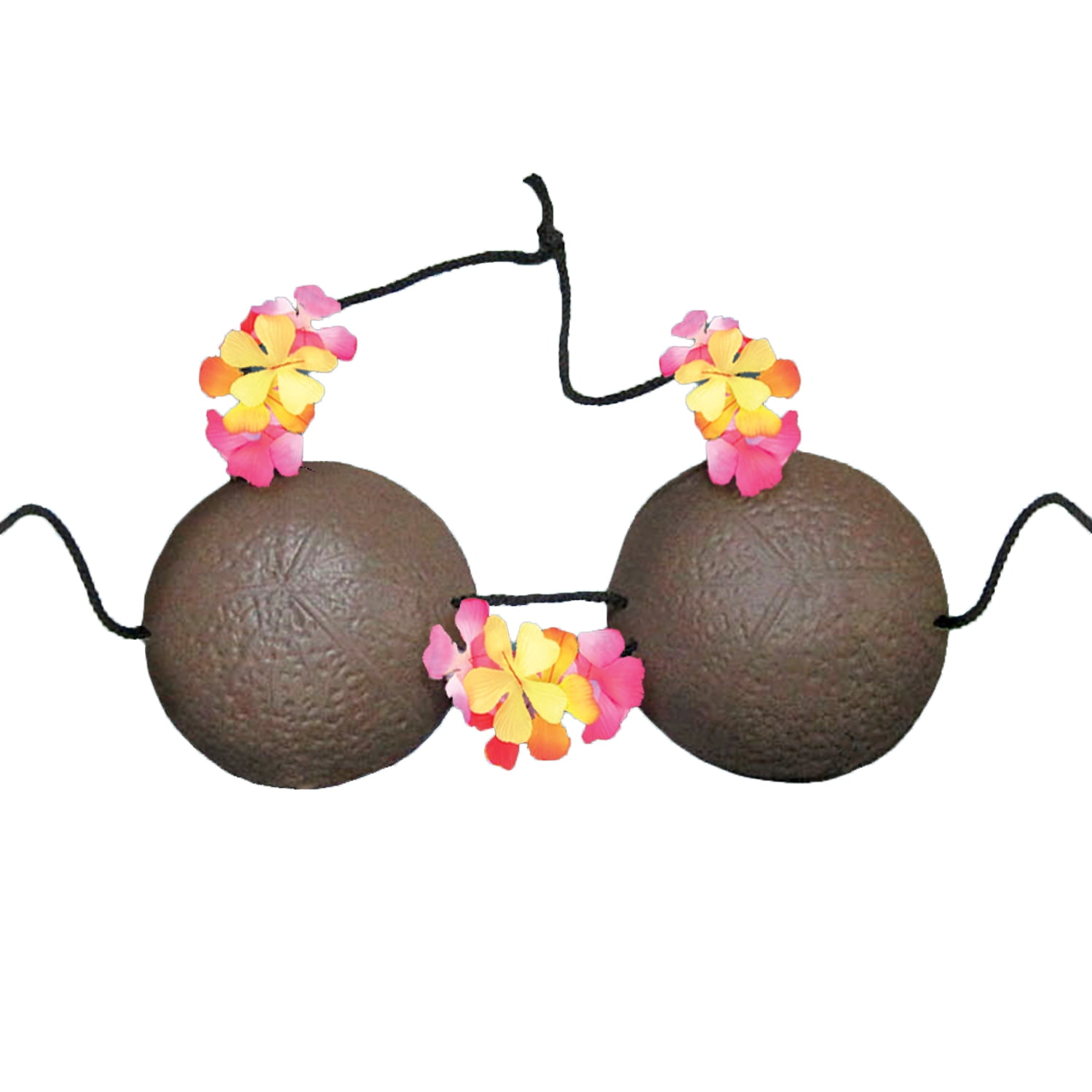 Tropical Sun Luau Foam Coconut Bra Bikini Top w Flowers, Brown, Adult
