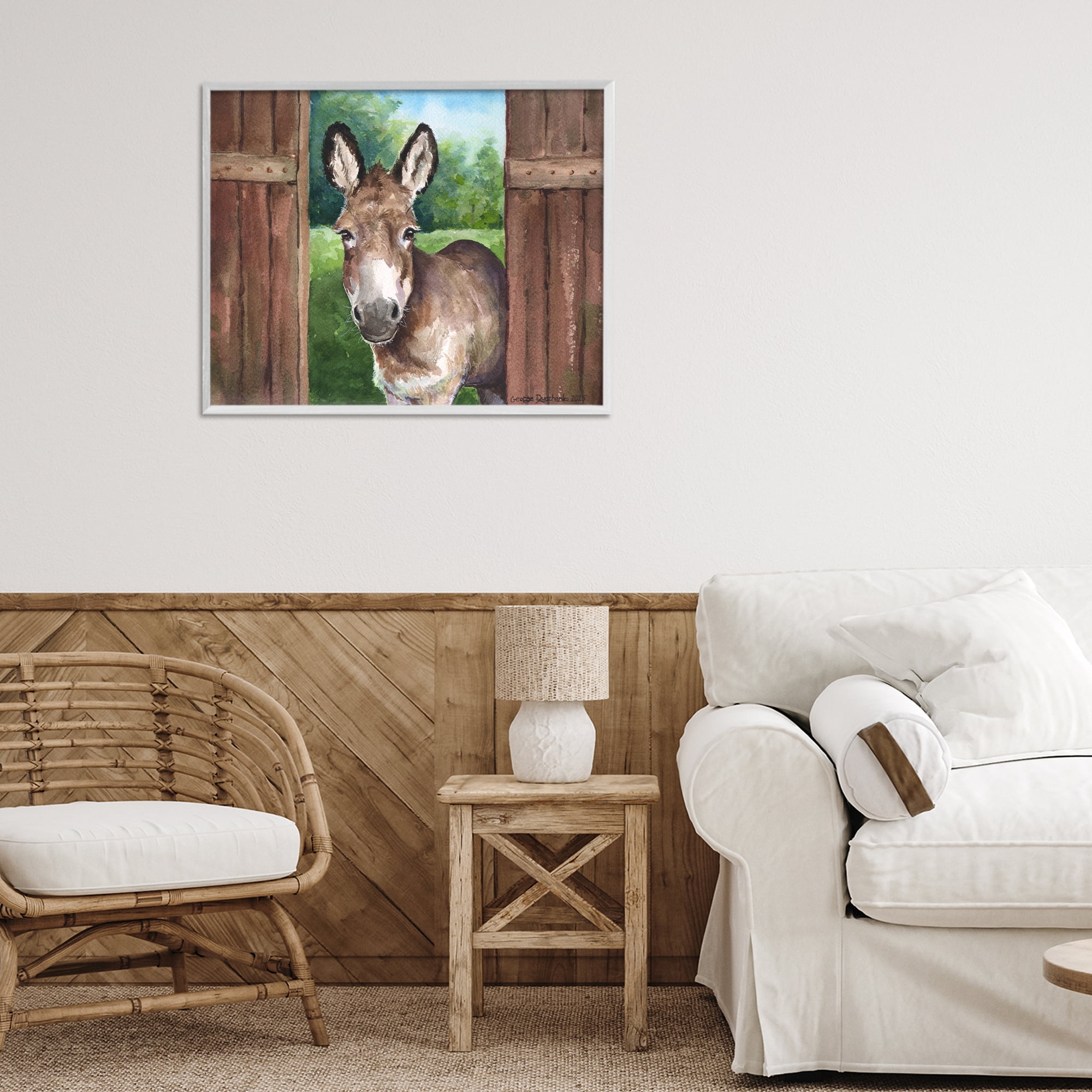 Stupell Industries Donkey in Wooden Gate White Framed Giclee Art, design by George Dyachenko