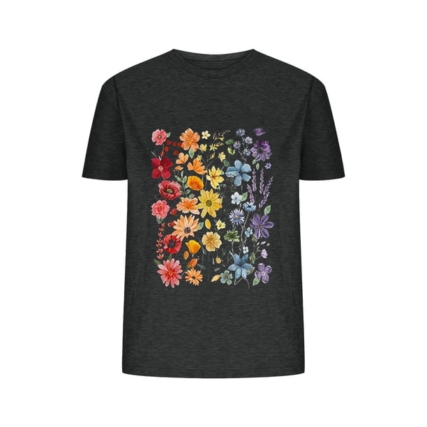 Camisetas de Verano de Mujer Pequeña Flor Impresa Cuello Redondo Manga Corta Superior, Verano Superior de las Mujeres