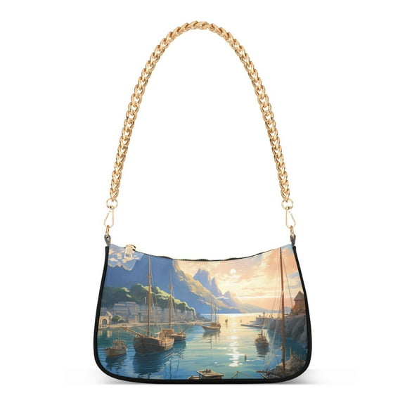 Womens Chain Shoulder Bag Landscape with Ships Classic Tote Handbags Fashion Clutch Hobo Purse with Zipper for Travel Casual