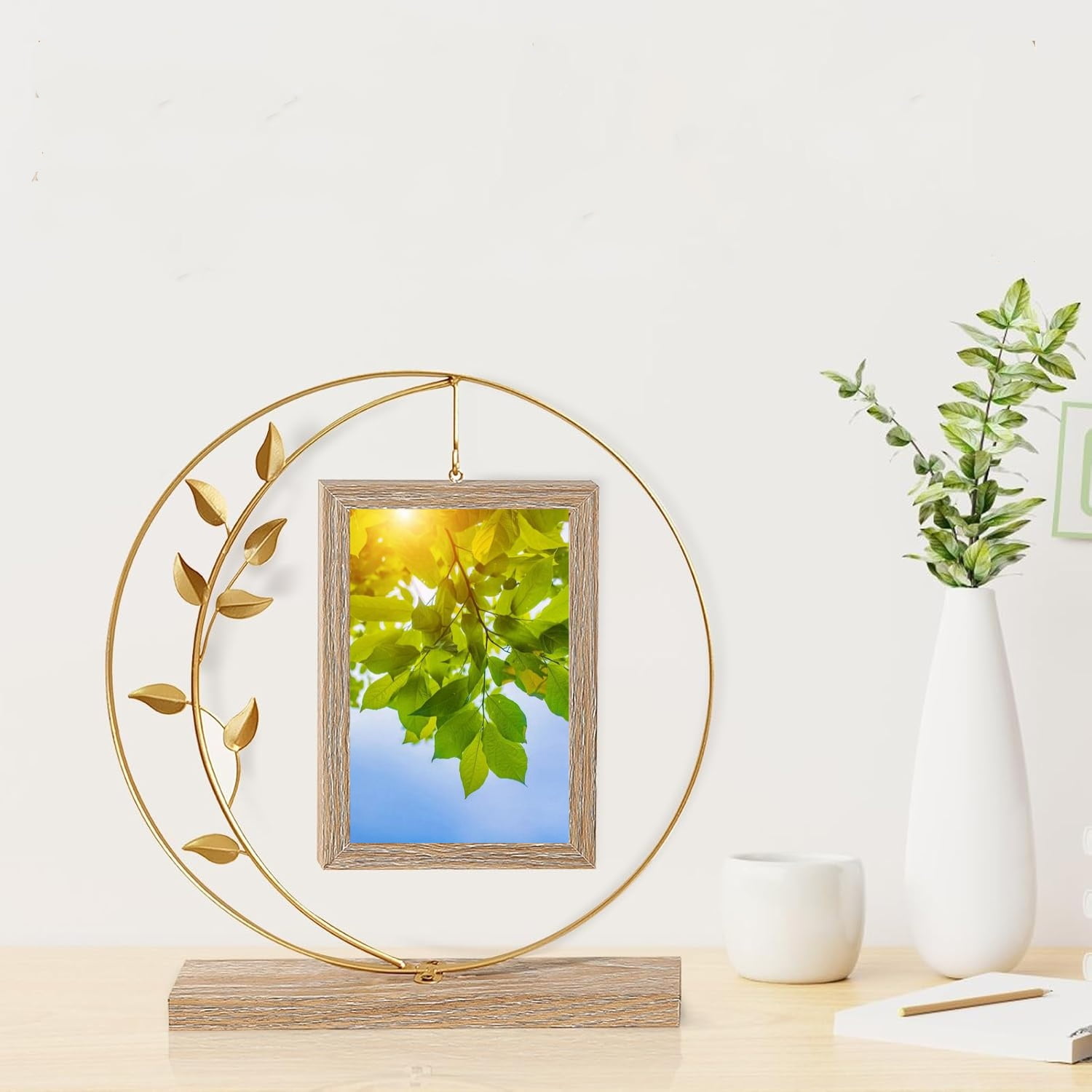 Picture Frame, Kvago Double-Sided Hanging Picture Frame Holds 4x6 Inch Vertical Photos, Family Office Desk Rustic Display Metal Tree Wooden Photo Frame, Gift for Mom Grandma Women Adults (Gold)