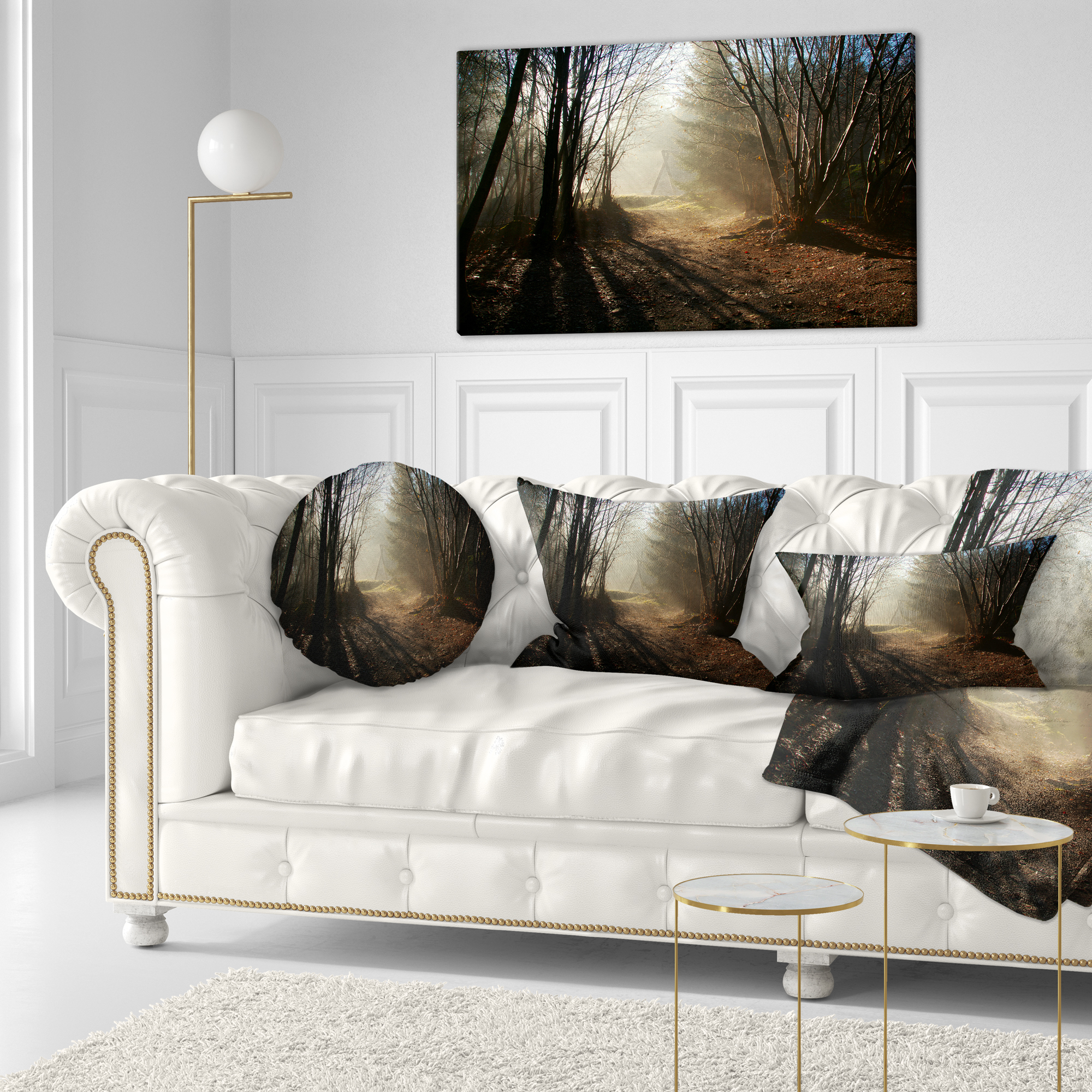 Designart Dark Path in Fall Foggy Forest - Landscape Photography Throw Pillow - 12x20