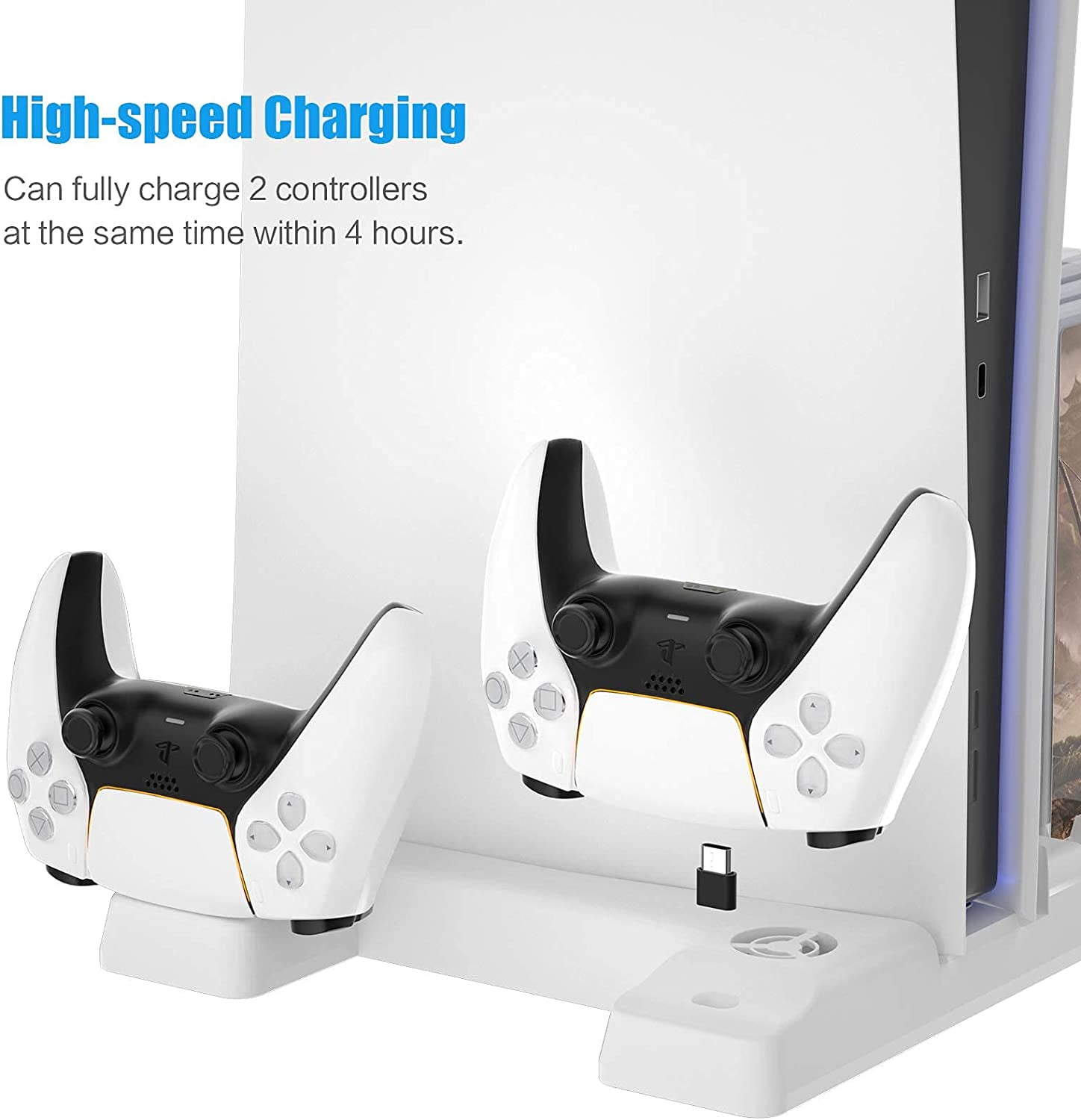 PS5 Cooling Stand, Fast Charging PS5 Stand with Cooling Fans, 3 Levels Adjustable Fans Speed, 12 PS5 Game Rack Organizer - White