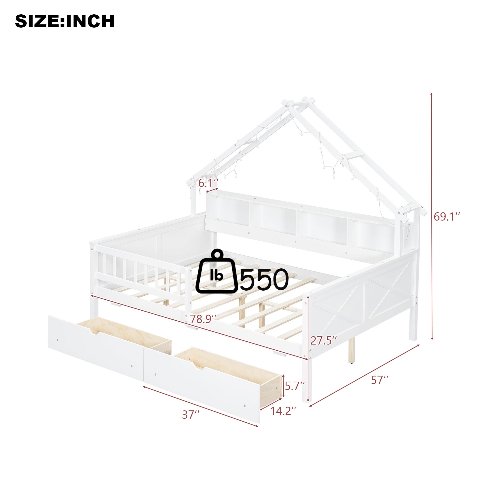Duxelifin Full Kids Platform Bed with Storage Drawers & Shelves, House Platform Bed Frame with LED and Guardrail for Kids, White