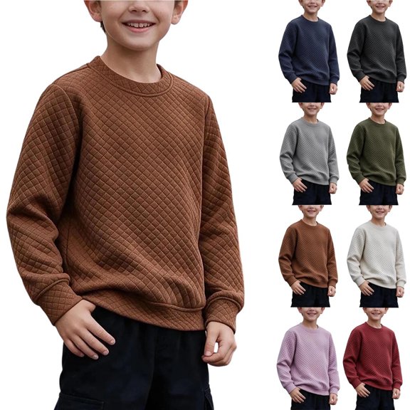 Ultrave Boys Crew Neck Sweatshirt Diamond Quilted Long Sleeve Textured Casual Pullover Top for Fall Winter