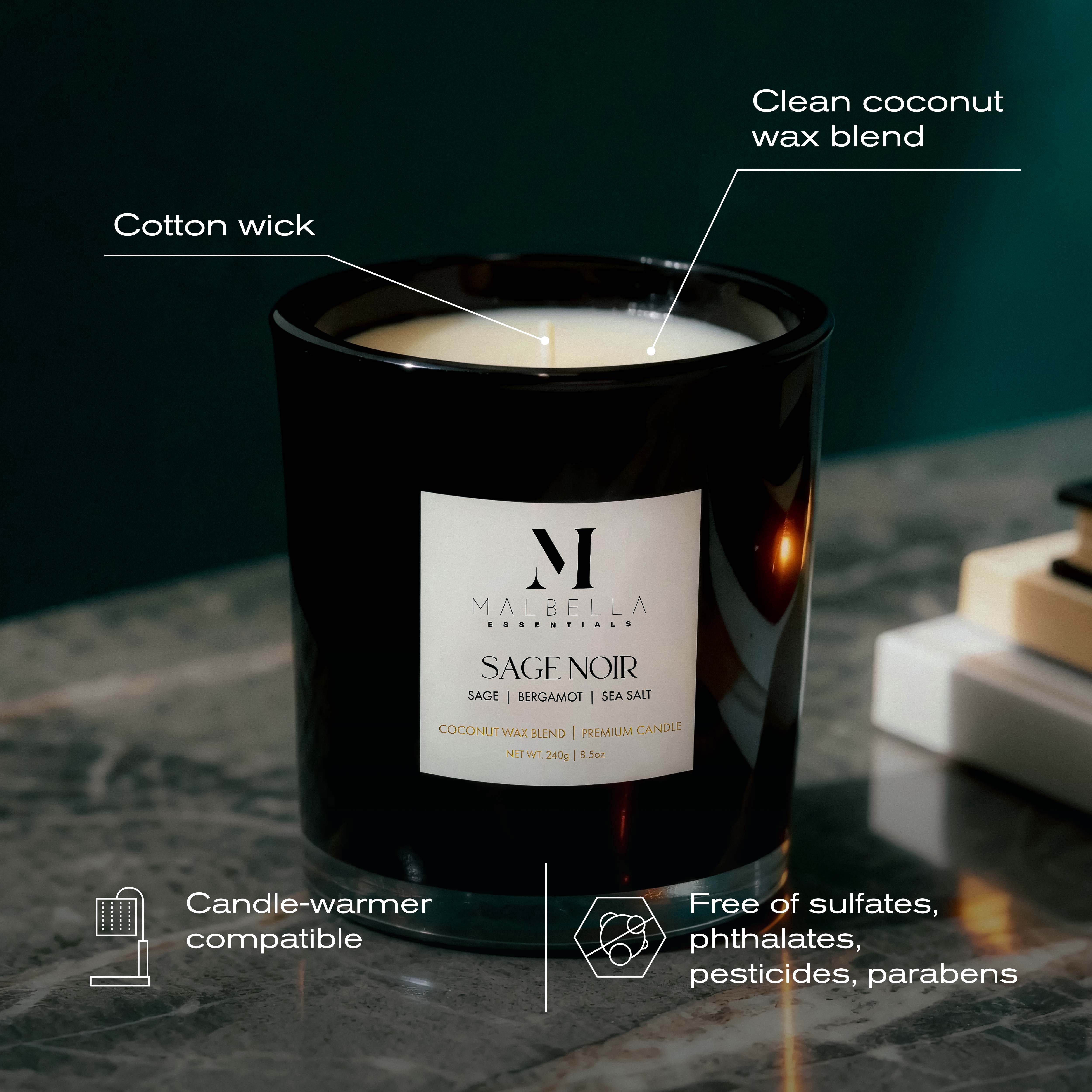 Malbella Essentials Sage Noir Scented Coconut Wax Blend Candle with 50 Hr Burn Time, Modern Self-Care, Gift-Ready Glossy Glass Vessel
