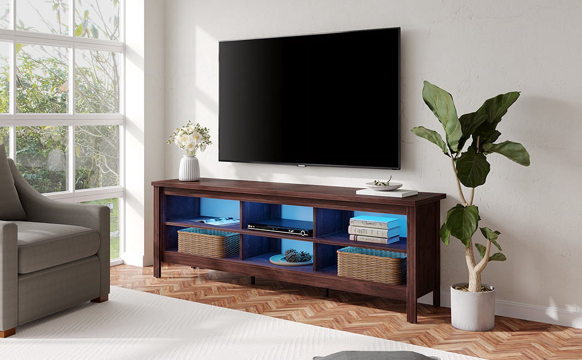 Wampat TV Stand with LED Lights and Storage for TVs up to 80", Brown