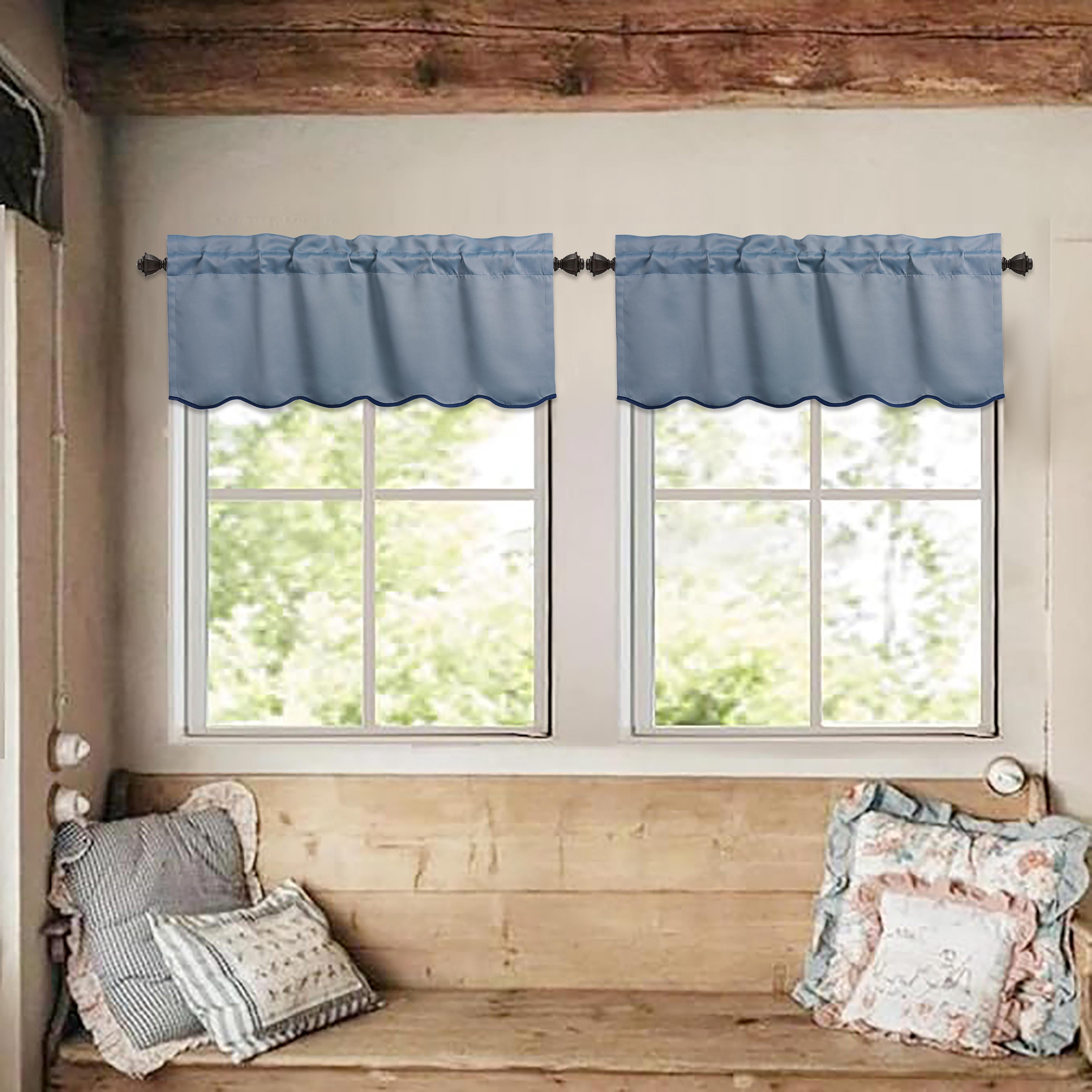 HIG 2 Panels Blackout Window Treatment Valances, 52"W x 18"L Color-Block Scalloped Valances, Decorative Rod Pocket Short Curtain Panel for Kitchen, Window, Bathroom, Blue