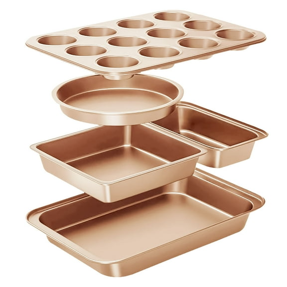 VINAUO Bakeware Set 5-Piece, Non-Stick Baking Pans Set,Stackable Baking set with Muffin Pan,Round/Square Cake Pan, Loaf Pan,Deep Baking Pan