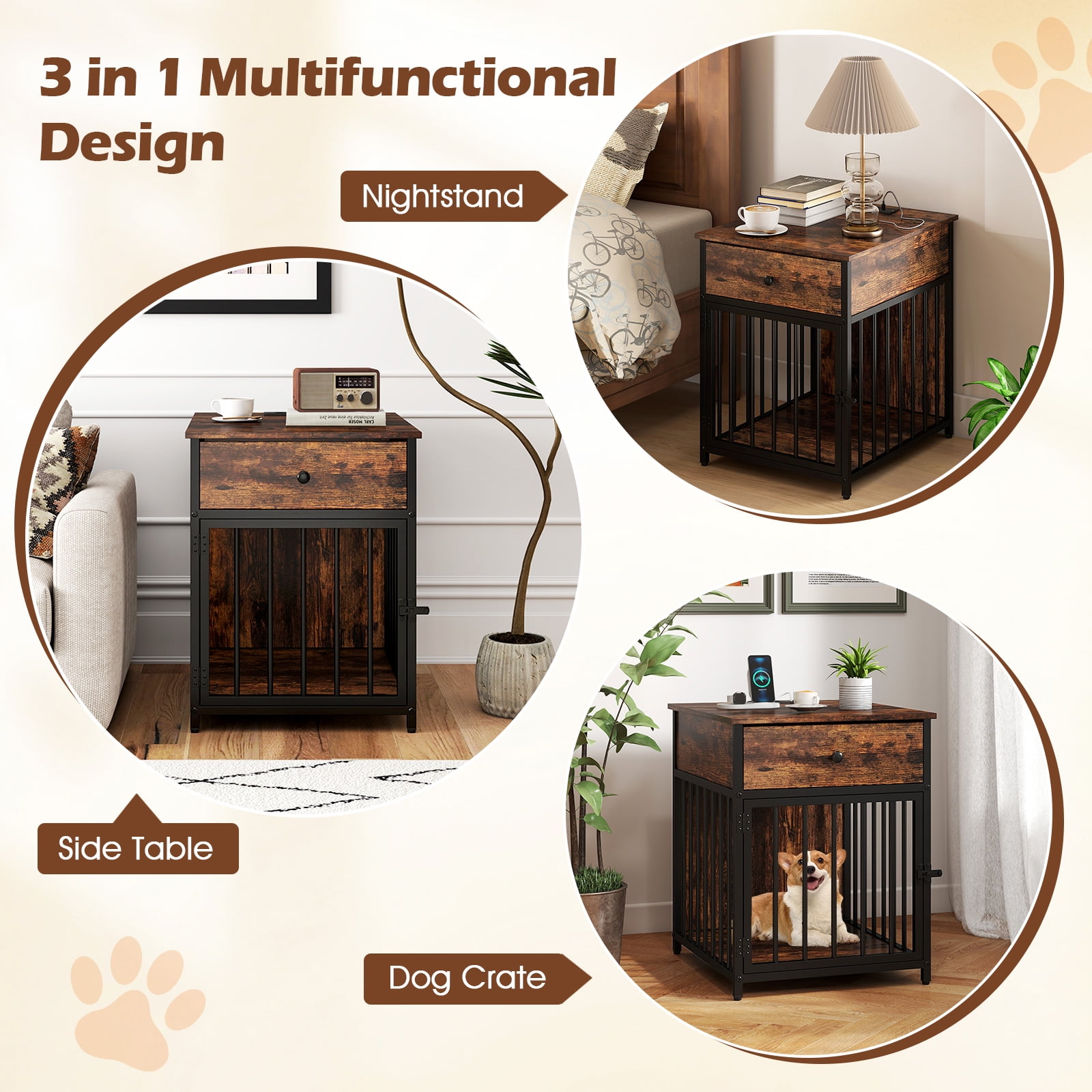 Gymax Versatile Dog Crate w/Charging Station Storage Drawer Lockable Door 2 AC Outlets