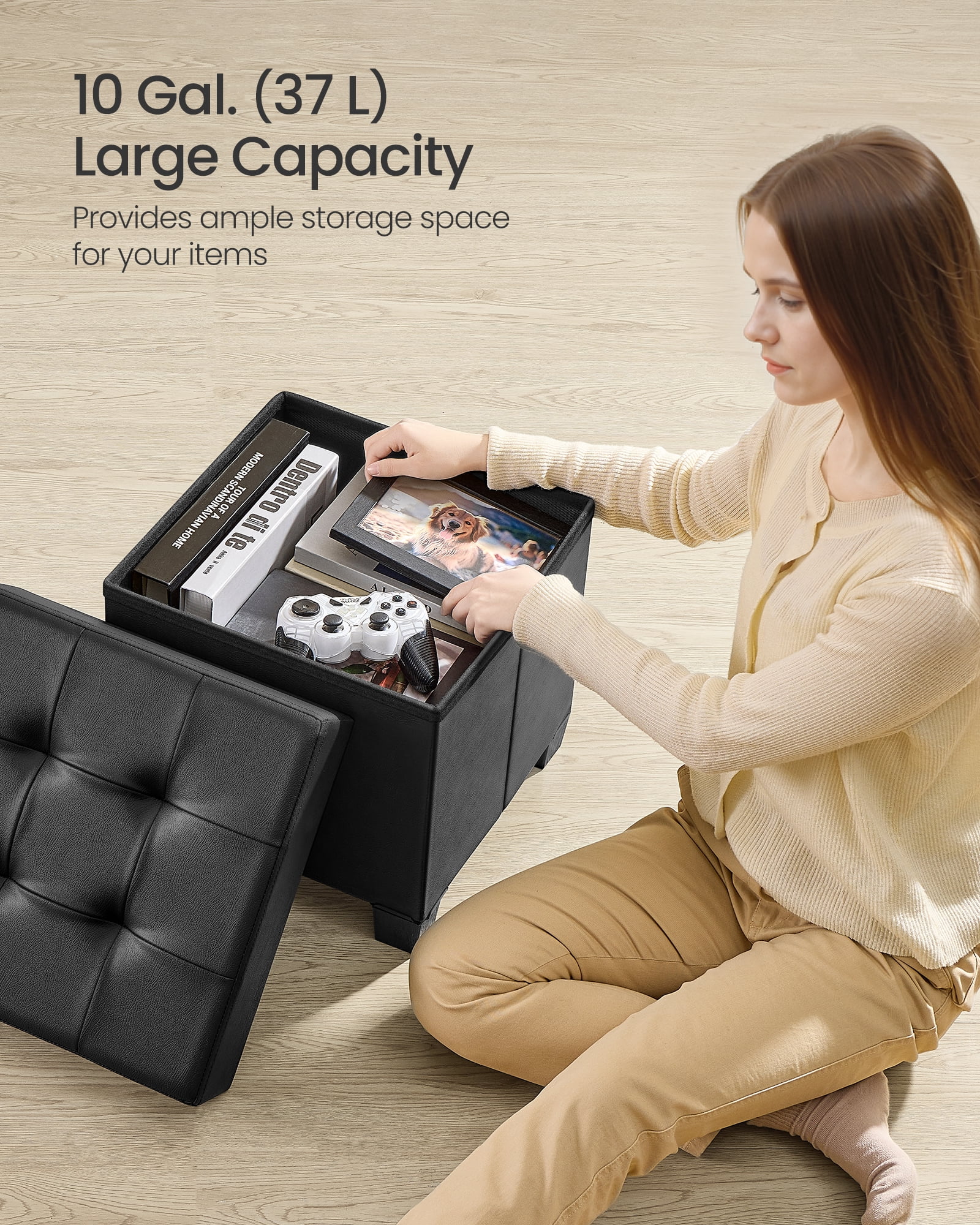 SONGMICS 15x15x15.7-Inch Cube Storage Ottoman with Legs. 10 Gal (37 L) Capacity. Synthetic Leather Footstool/Footrest.Ink Black