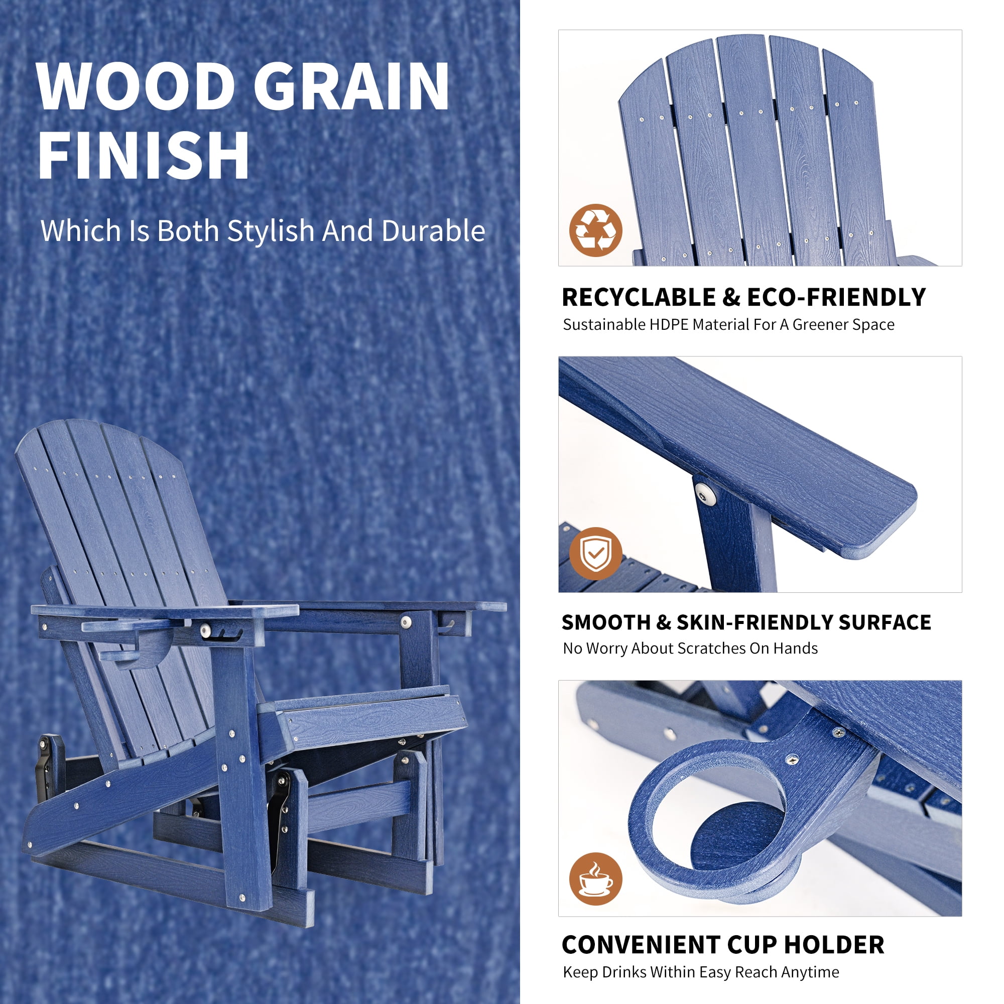 DEAUL HDPE Adirondack Outdoor Glider Chair, 3-Position Adjustable Backrest Patio Glider Rocker, All-Weather Heavy Duty Rocking Chair for Pool, Yard, Blue (1 PC)